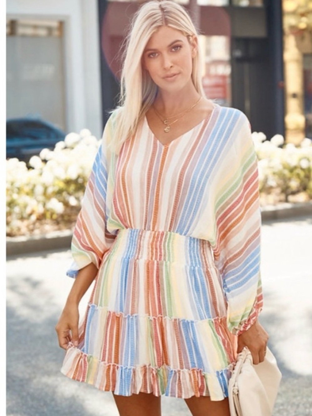 Jardin St. Macris Multi color,striped smocked,tiered mini Dress Size Medium - Picture 13 of 13